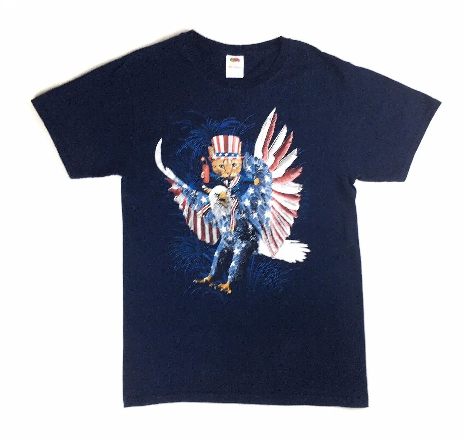 4 Luglio Mens Patriotic Navy Shirt Size Small Cat Riding Bald Eagle Fireworks