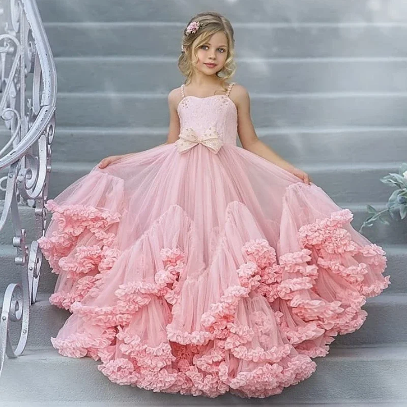 

Pink Flower Girl Dresses Tulle Puffy Tiered Flowers With Bow Sleeveless For Wedding Birthday Party First Communion Gowns