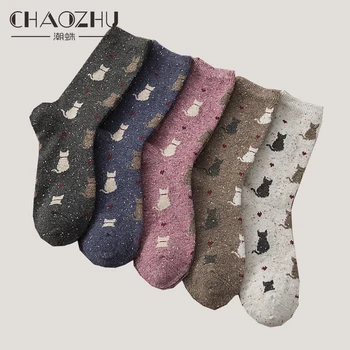 CHAOZHU 여성 겨울 양말 따뜻한 양모 뜨개질 사랑스러운 만화 고양이 패턴 5 색 양말 세트 소녀 선물 4 짝/몫/많은 여성 양말