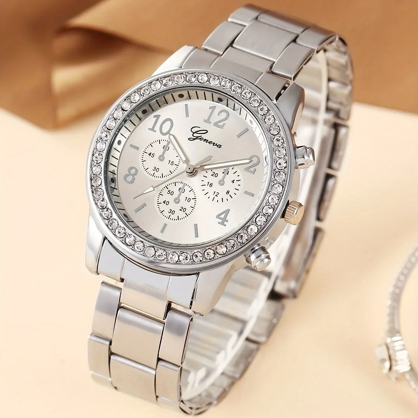 1pc Luxury Rhinestone Quartz Watch Fashion Analog Alloy Wristwatch & 1pc Bracelet, Gift For Women Her