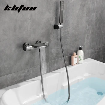 ปืนสีเทา Thermostatic อ่างอาบน้ำก๊อกน้ำห้องน้ำน้ำตกฝักบัวชุดทองเหลือง Handshower แรงดันวาล์วผสมน้ำ 1