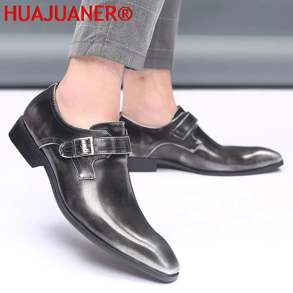 Men's Fashion Vintage Buckle Derby Shoes Men Leather Dress Shoes Wedding Party Mens Business Office Oxfords Slip-On Flats