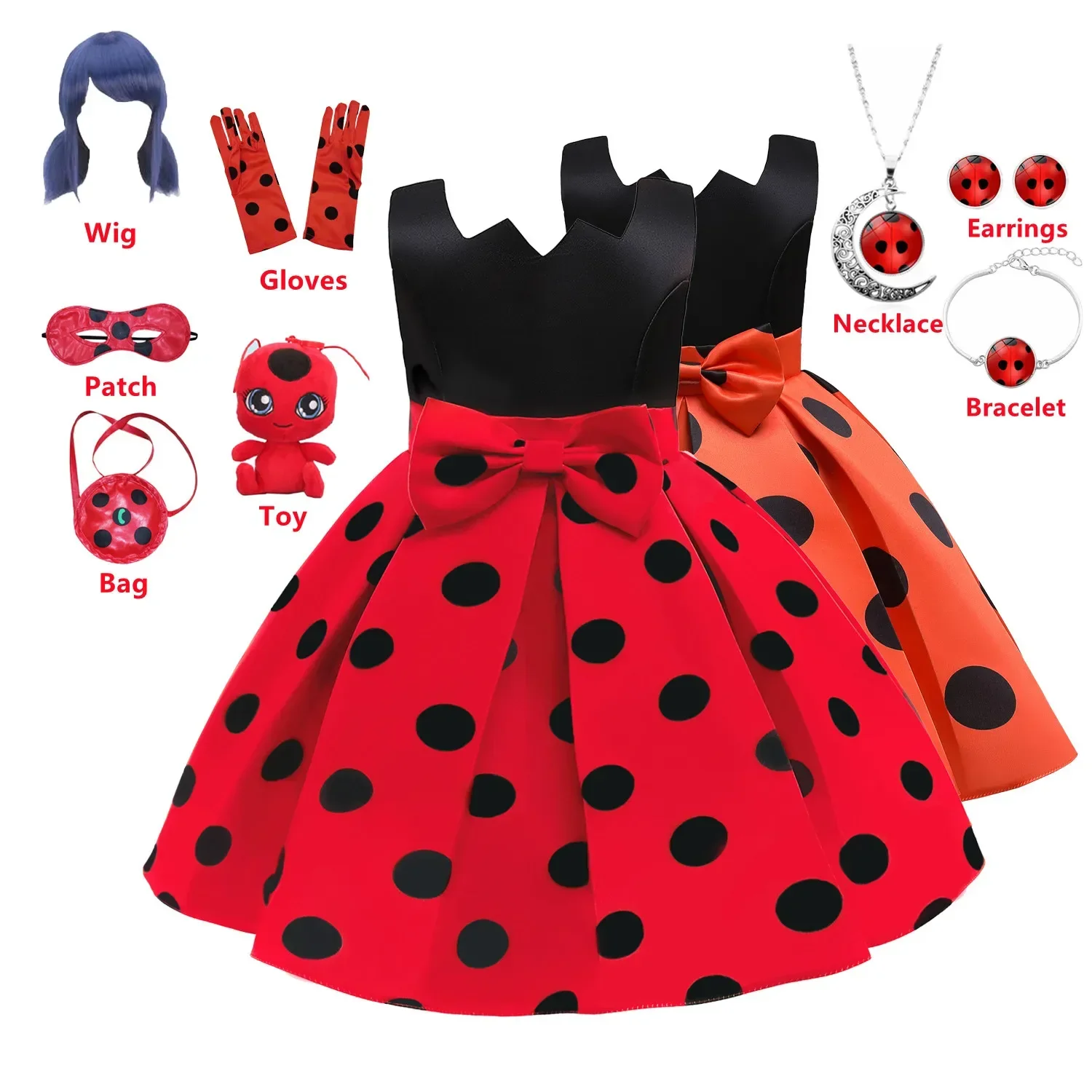 Ragazze Halloween Lady Cosplay Bug Kids Birthday Party Dresses Toy Bag Costume Marinette Clothes Lady Bug Black Dot Carnival Dress
