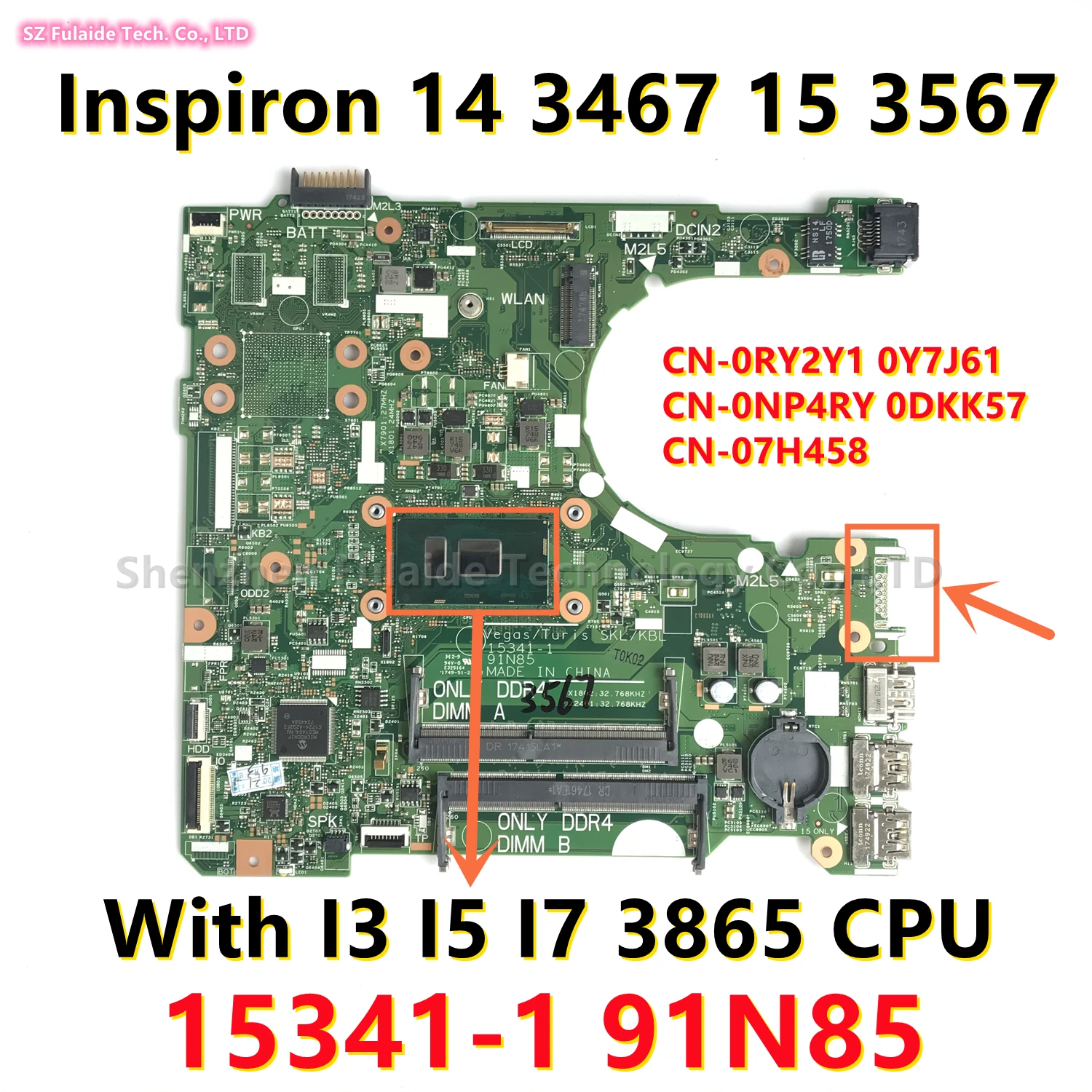 Mainboard para Dell Inspiron 3567 Laptop Motherboard com i3 i5 i7 3865 Cpu Cn0ry2y1 Y7j61 Np4ry Dkk57 7h458 1534114 3467 15