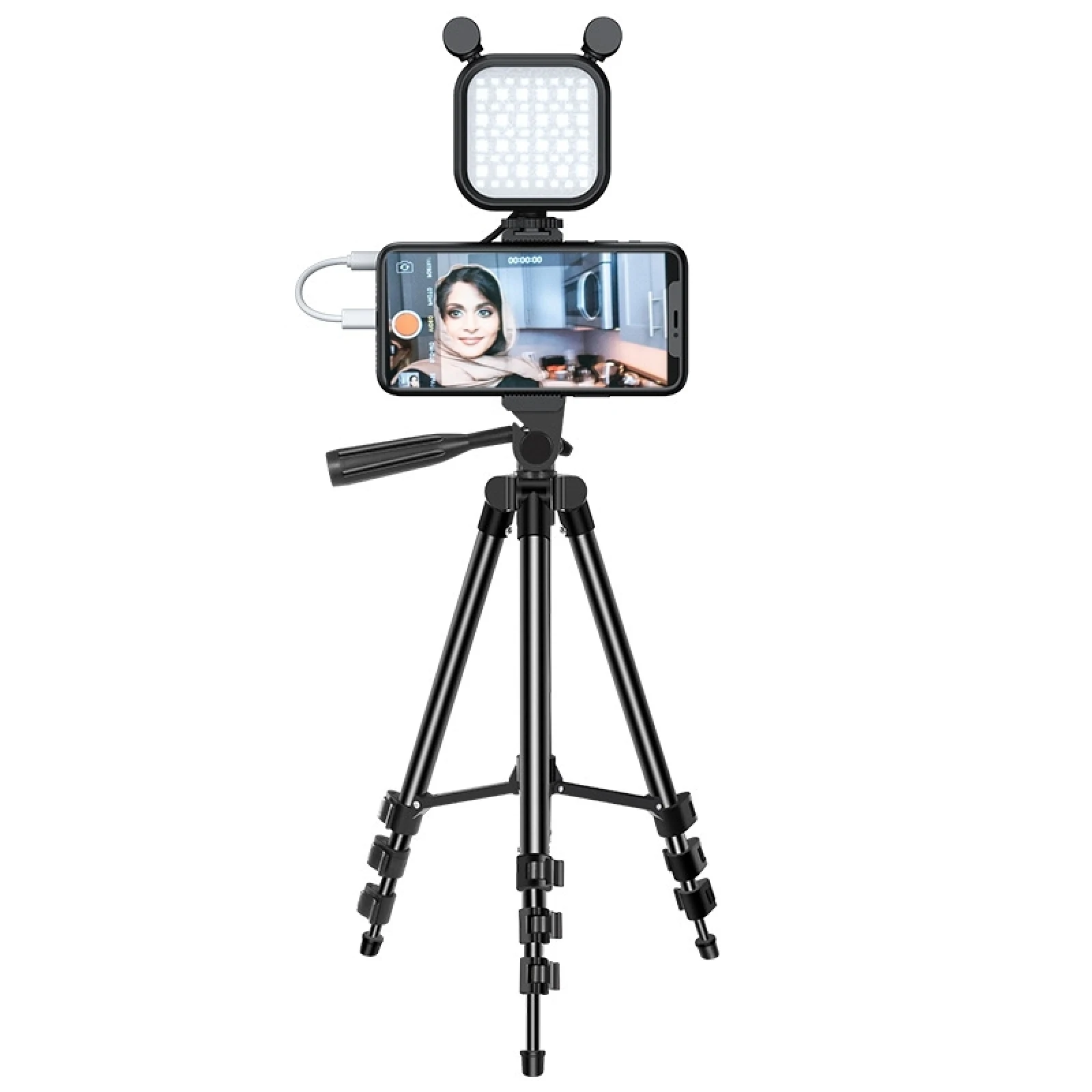 

KIT-15LM Live Phone Recording Multifunctional Tripod With Microphone Fill Light Vlogging Kit with Phone Clip & Remote Control