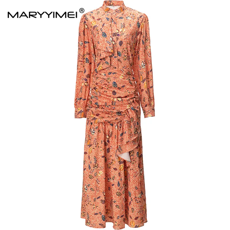 

MARYYIMEI Fashion Runway Designer Dress Women's Stand Collar Long Sleeves Abstract Fish Print Draped Fold Slim Coral Red Dress