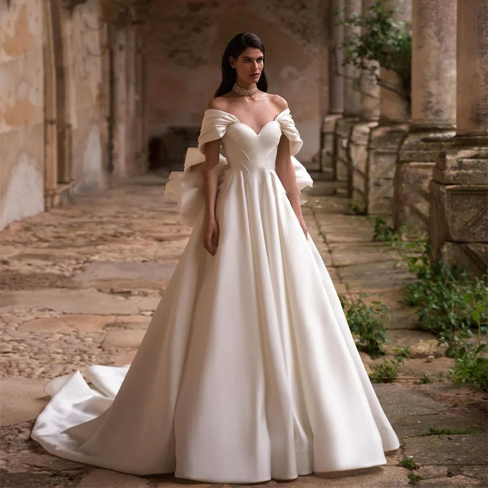 

MANRAY White Wedding Dress 2 In 1 Bow Sleeveless Bride Gown 2023 Sweetheart Satin A Line Court Train Princess Vestido De Noiva