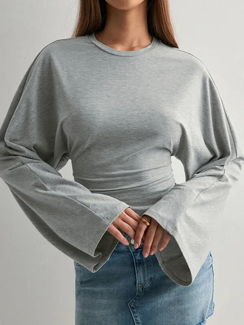 Long Sleeve Women Pullover O Neck Skinny Y2K Summer Clothes Casual T Shirt Top Streetwear 2025 Fashion Gray Tees Crop Top 1