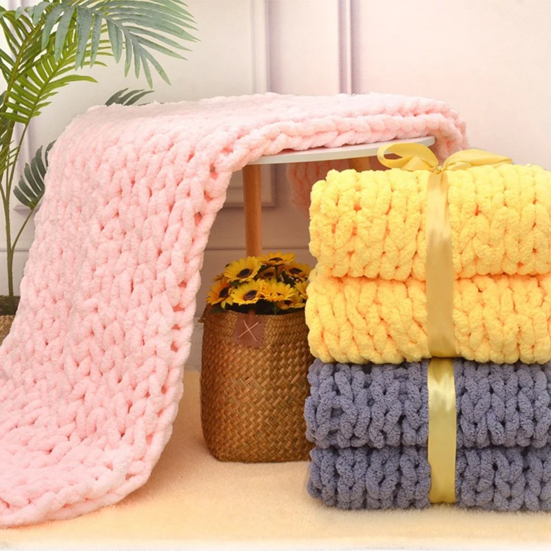 

Soft Hand Chenille Chunky Knitted Blanket Thick Yarn Wool-like Bulky Knitting Polyester Sofa Throw Blanket Winter Blankets