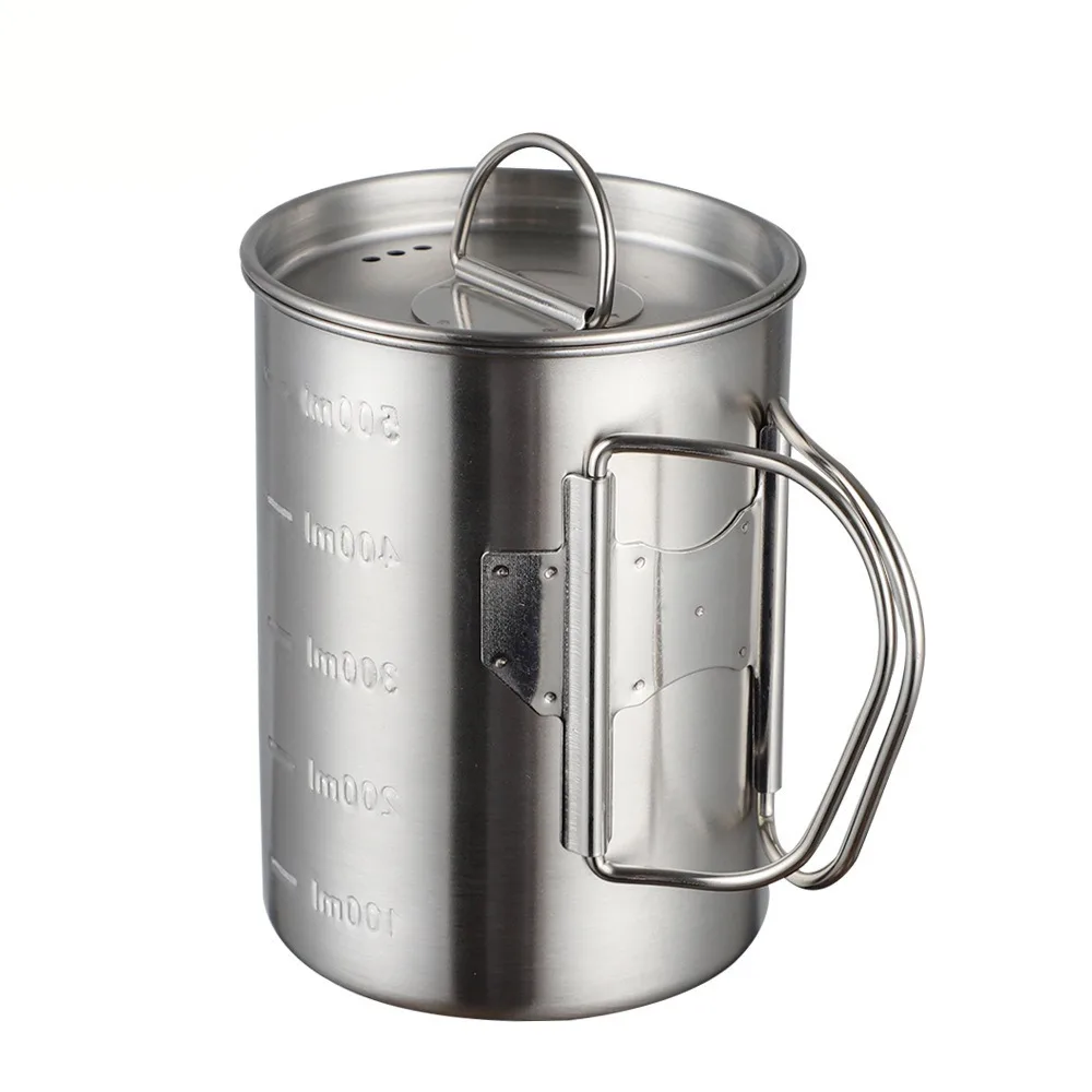 야외용 스테인레스 스틸 캠핑 머그컵 350/500ml 뚜껑 포함 캠핑 커피컵 접이식 손잡이 하이킹 여행용 물컵