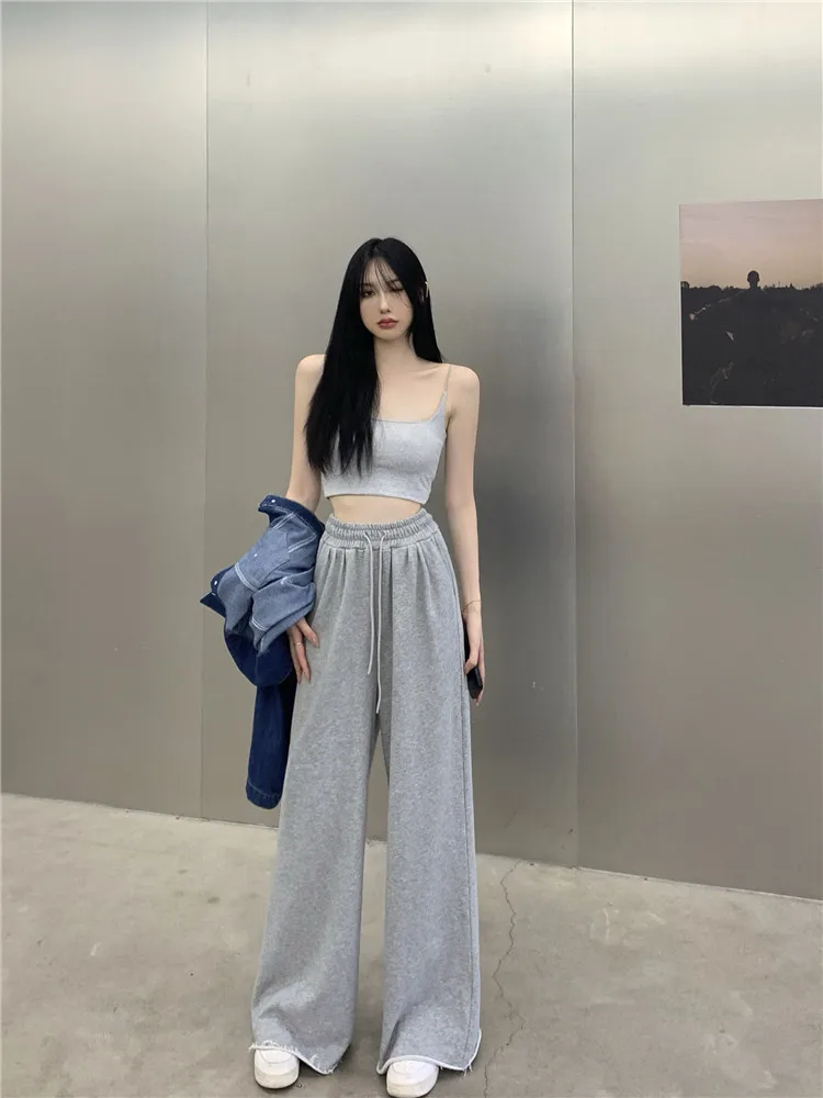 Grey Elastic Waist Wide Leg Pants Casual Women's Autumn Casual Trousers Loose Straight Suite Pants Floor Length Trousers