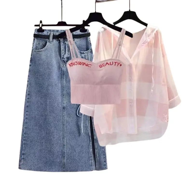 Oversized Women's Summer Set Women's 2023 New Temperament Loose Covering Flesh Sling Shirt Half Skirt Three Piece Set Fashion