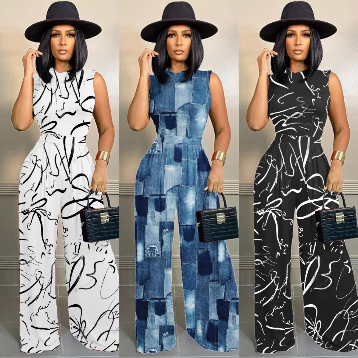 

HLJ&GG Fashion Printing Bodysuits And Wide Leg Pants Two Piece Sets Women Sleeveless Matching Outfits Elegant Lady Clothing 2023