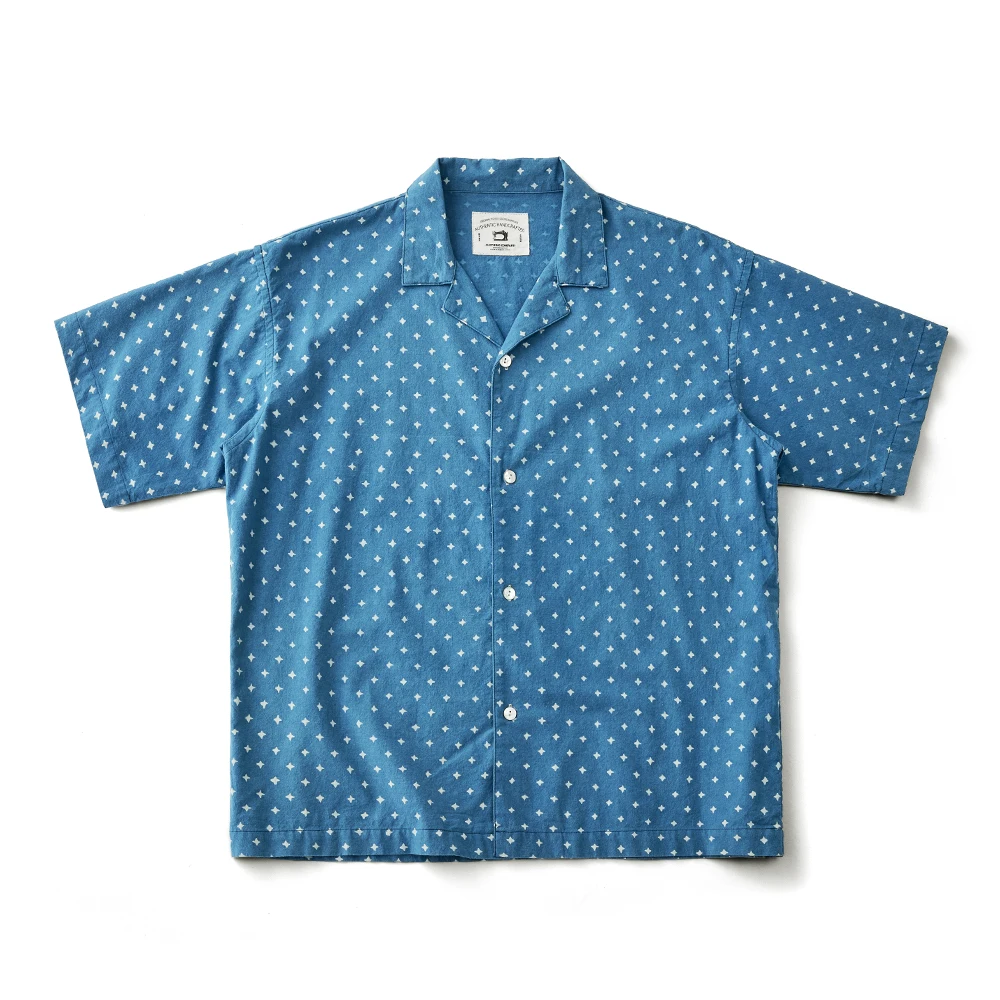 Vintage Indigo Print Shirt Men Summer New Blue Dyed Cuban Lapel Short Sleeve Single Breasted Shirt Cotton Casual Cardigan Tops