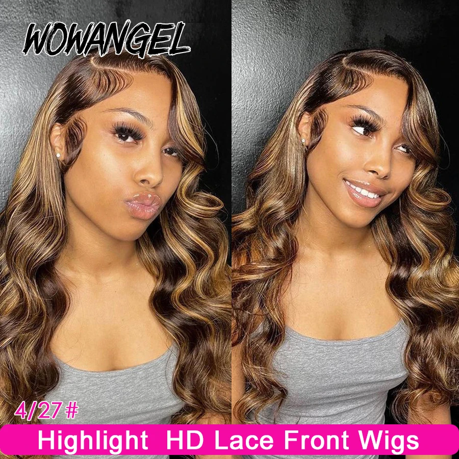 

Wow Angel 13x4 HD Lace Full Frontal Wigs Highlight Wigs Body Wave 34in 13x6 HD Lace Front Human Hair Wigs Melt Skins Pre Plucked