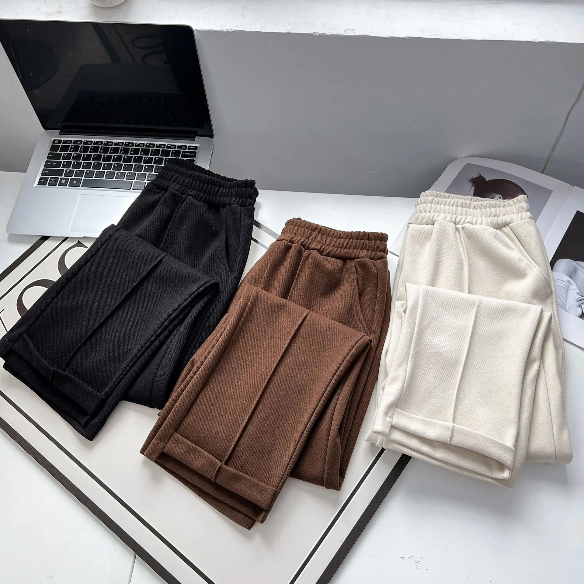 Fall/Winter 100kg Fashion Thick High Waist Woolen Suit Pants Plus Size Women's Casual Asymmetrical Leg Opening Bottoms