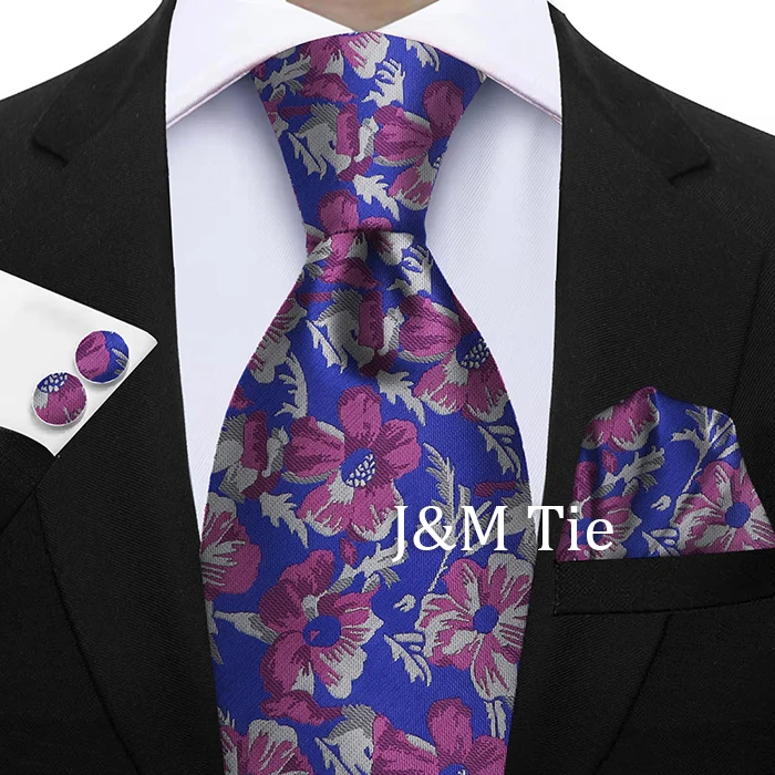 Hochwertiges 3-teiliges Krawattenset mit Blumenmuster – Krawatte aus Polyester-Seide, Einstecktuch und Manschettenknöpfe – elegant für Hochzeiten und formelle Anlässe – Detail 9