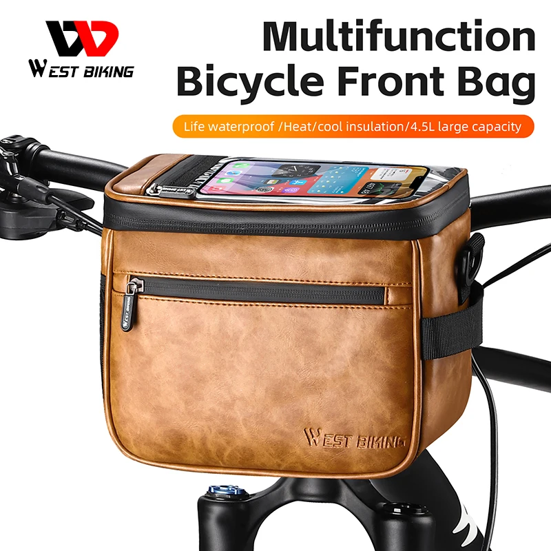 

WEST BIKING Bicycle Handlebar Bag Multifunctional Waterproof Touch Screen Phone Pouch Heat Cold Insulation Leather Shoulder Bag