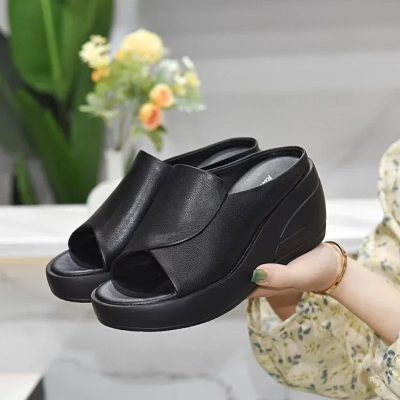 2025 Women Sandals Women Slippers Black Wedge Platform Open Toe Women Orthopedics Thick Bottom Beach High Heels Slides