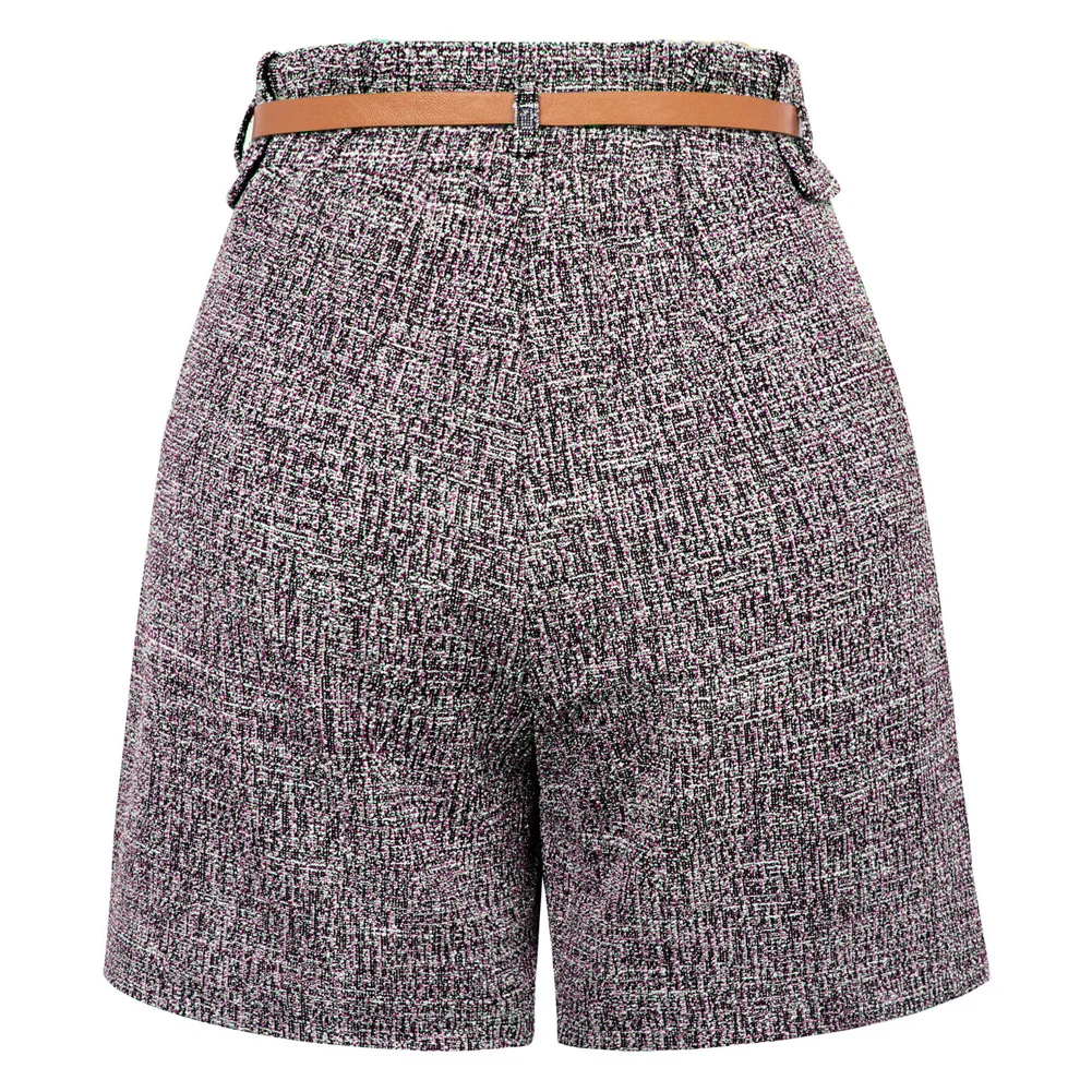 BP Women Vintage Tweed Shorts With Belt Elastic Waist Fold-up Leg Opening Shorts Wide Leg Bermuda Short Pants