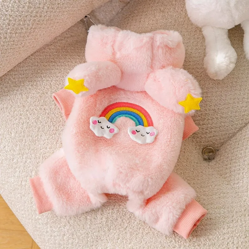 

Pet Puppy Rainbow Cloud Rabbit Velvet Four-legged Clothes than Bear Warmer Clothing Teddy Cartoon Hoodie Soft Dog Clothes