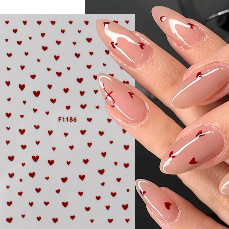 반짝이는 발렌타인 네일 스티커 혼합 레드 핑크 러브 하트 접착 데칼 귀여운 미니 하트 슬라이더 매니큐어 장식 액세서리