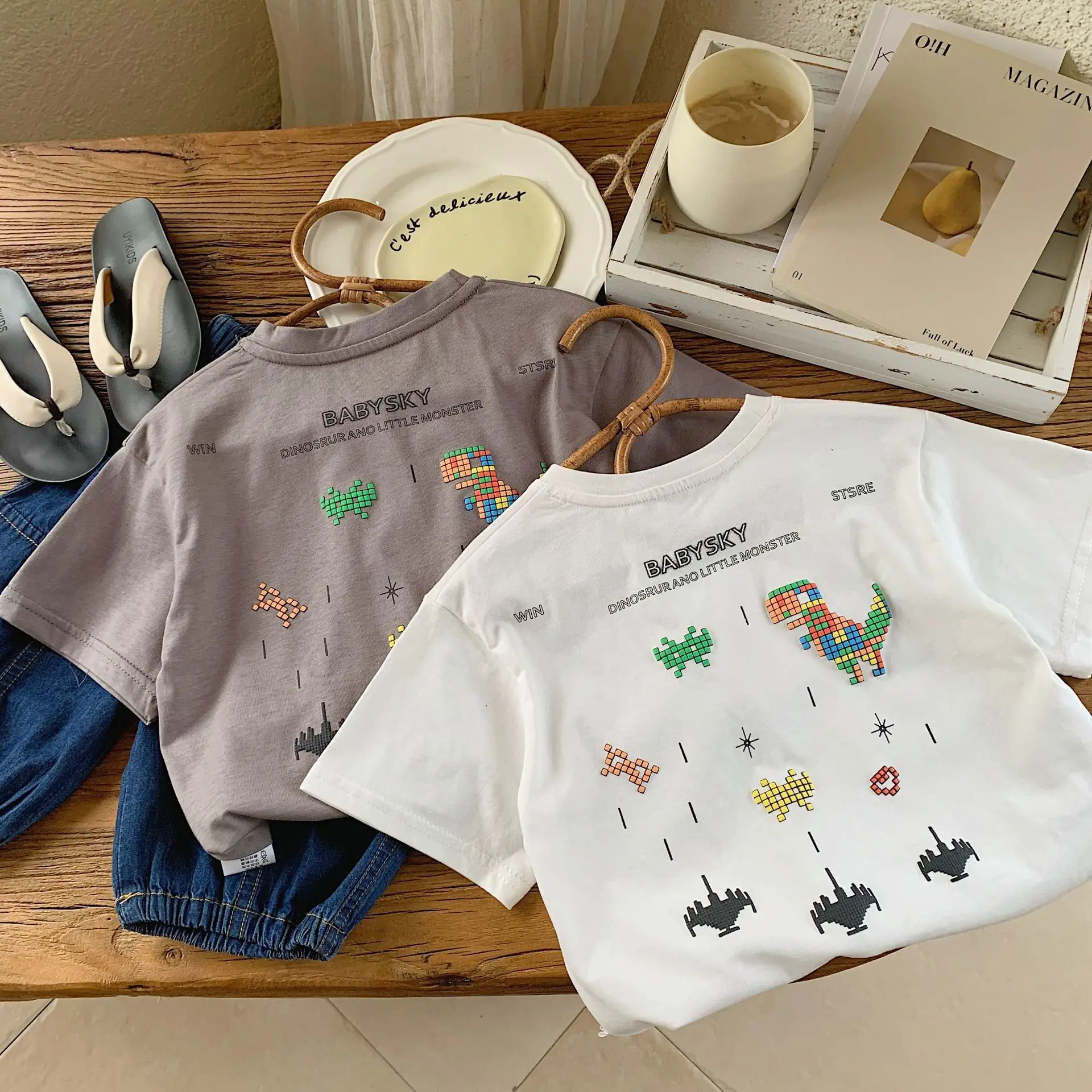 

Korean Summer Children Girls T Shirt Cartoon Rainbow Dinosaur Print Short Sleeve Baby Girls Tees Versatile Cotton Kid Girls Tops