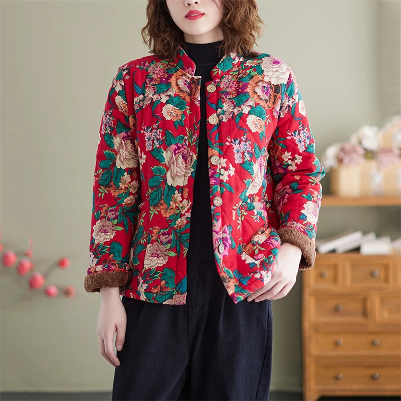 Winter Cotton Ladies Jacket Coat Ethnic Style Long Sleeve Vintage Single Breasted Women Casual Loose Floral Print Outerwear 2025