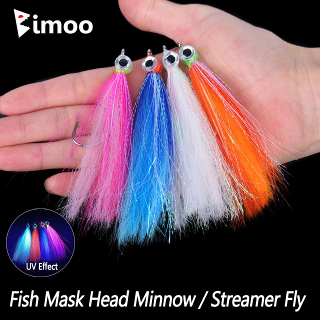 Bimoo 4PCS #5/0 Saltwater Streamer Fly Fish Mask Head Minnow Fly Strong Barb  Hook Trout