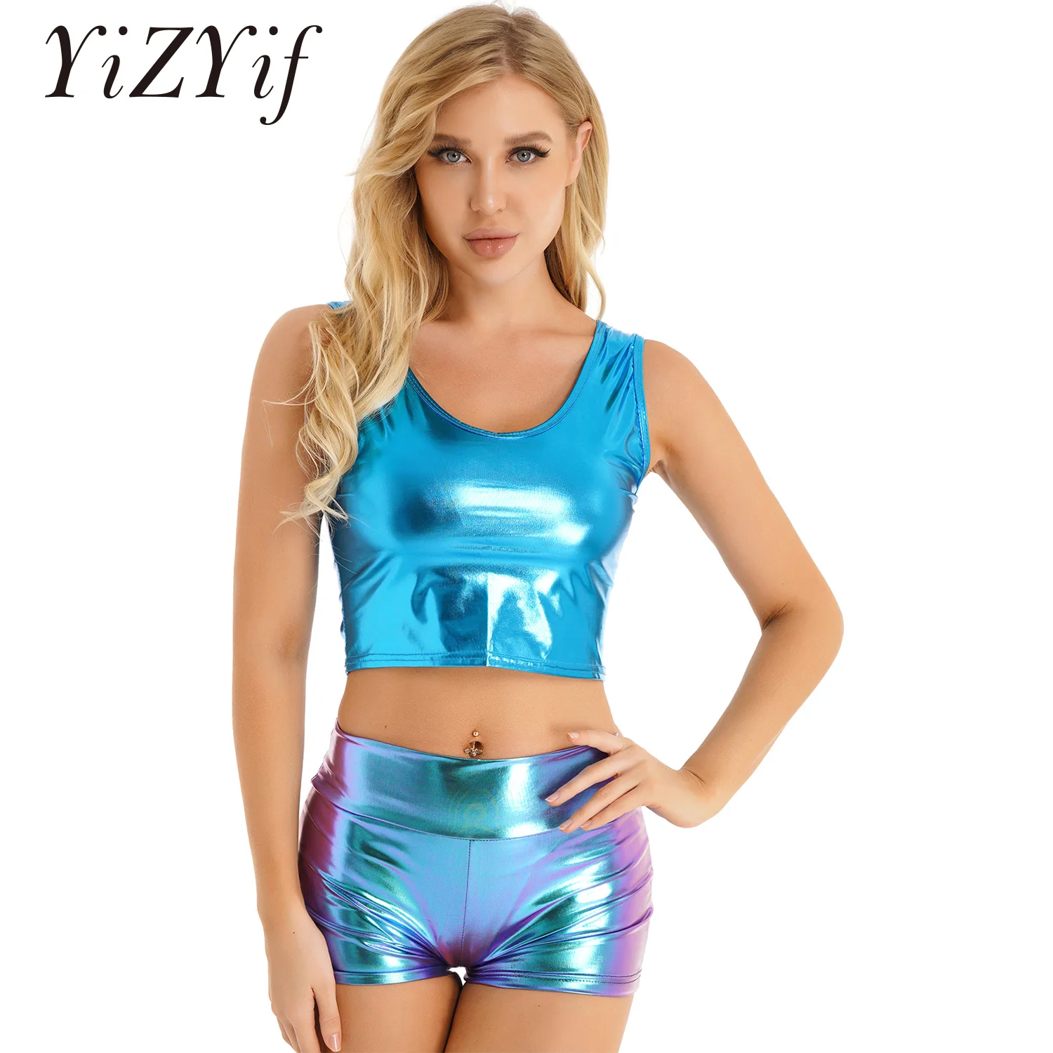 

Women Shiny Metallic Pole Dancing Clubwear Outfit Patent Leather Sexy Rave Party Vest Scoop Neck Crop Top with Hot Pants Set