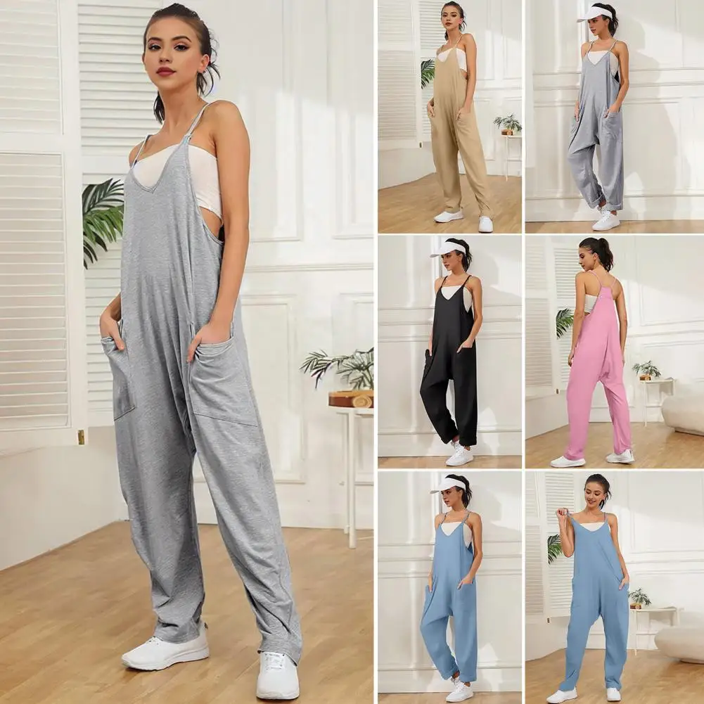 

Women Summer Jumpsuit Loose Sleeveless Solid Color Wide Leg V Neck Pockets Deep Crotch Soft Deep Armpit Ankle Length Vacation Lo