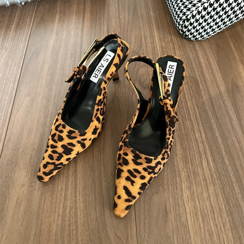 Summers Pointed Toe Women's Sandals Fashion Elegant Leopard Singbacks Mules Shoes Ladies Dress High Heel Sandalias