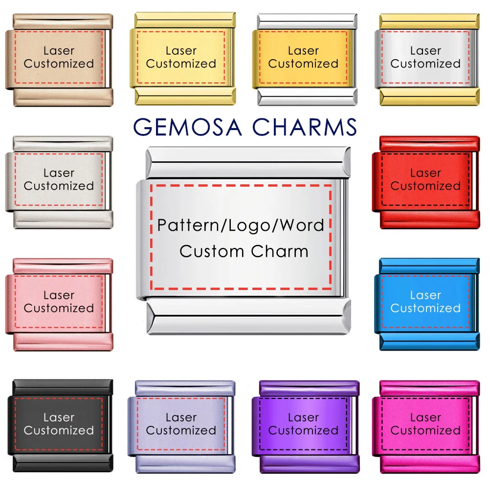 GEMOSA Persönliche Anpassung, bunter Link, Lasergravur, Muster, Logo, Wort, italienischer Charm, passend für 9 mm Edelstahl-Armbandperlen – Detail 2