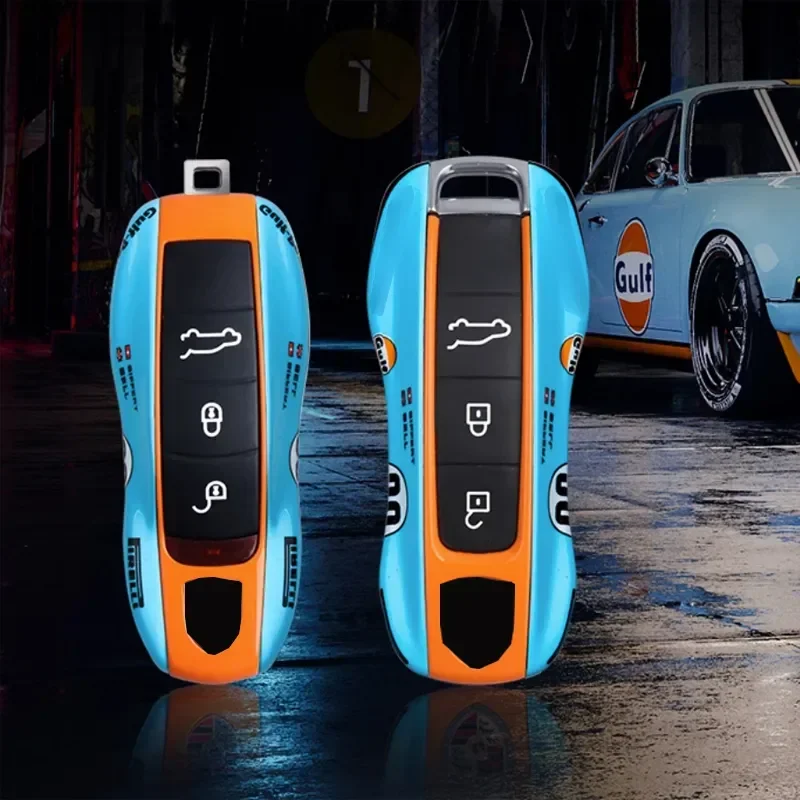 Key Case Cover Key Case #20 Gulf Memorial Version Porsche Macan Cayenne 718 Paramera 911 Modified Car Key Case Cover Fob Keychain Accessories