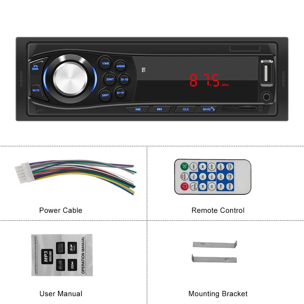 Podofo 1din MP3 Player Car Radio Multimedia Player Digital Bluetooth FM Music Stereo DC 12V 1Din Car Stereo Receiver Audio