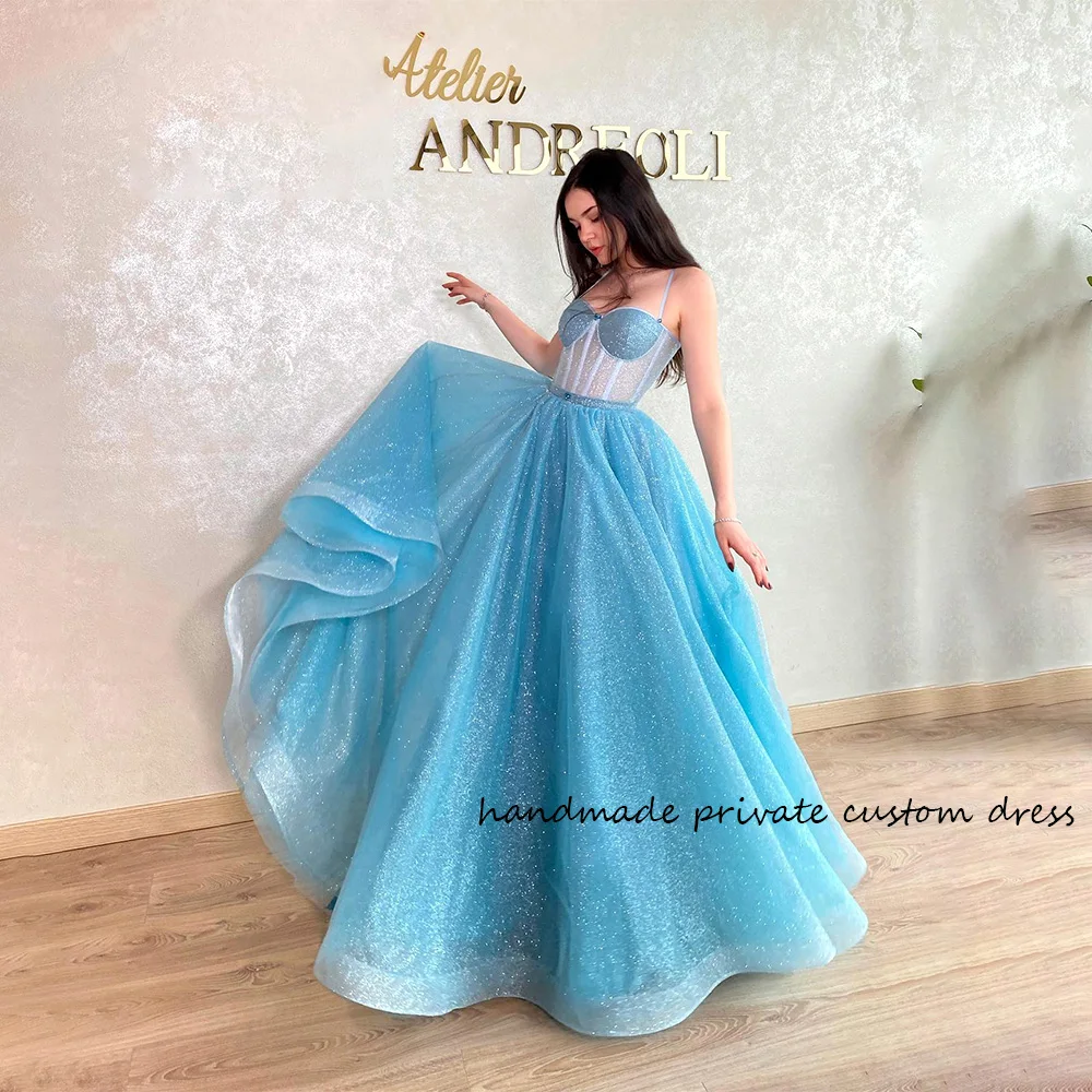 

Glitter Blue A Line Homecoming Prom Dresses Spaghetti Straps Corset Sweetheart Party Dress Shinny Tulle Evening Graduation Gowns