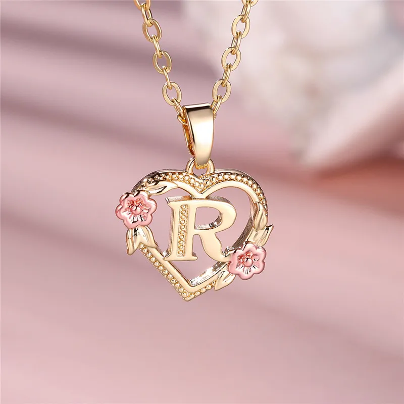Female A-Z Letter Flower Pendant Necklace Yellow Gold