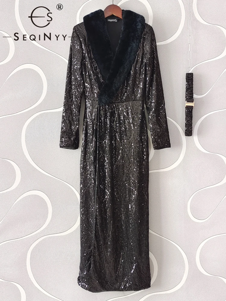 

SEQINYY Elegant Midi Dress Autumn Winter New Fashion Design Women Runway High Quality V-Neck Fur Sequined Slim Belt Thick