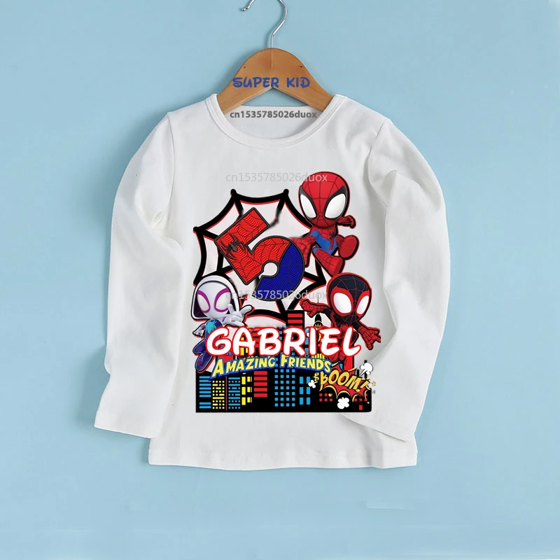 Autumn Spider-Man and His Amazing Friend Birthday Bottoming Kid Shirt 2-9 Year Personalize Name Birthday Boy Long Sleeve T-shirt 3