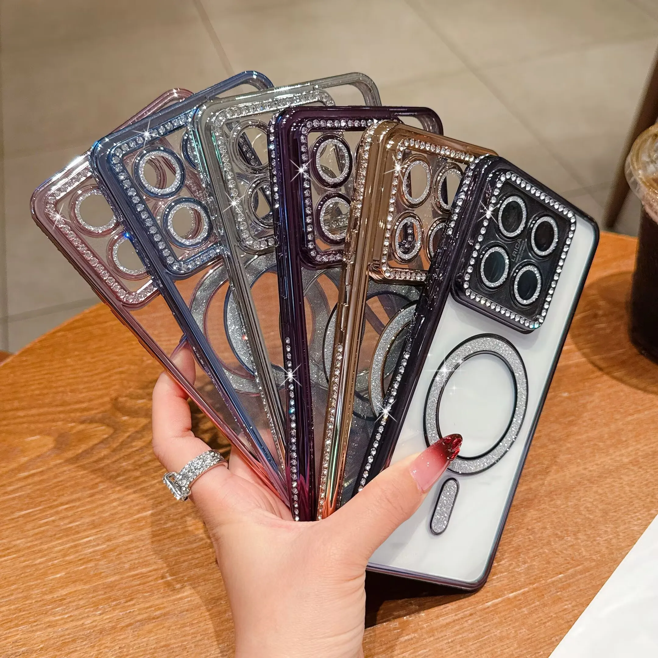 Crystal Clear Bling Magnetic Wireless Charging Phone Case with Lens Film Cover