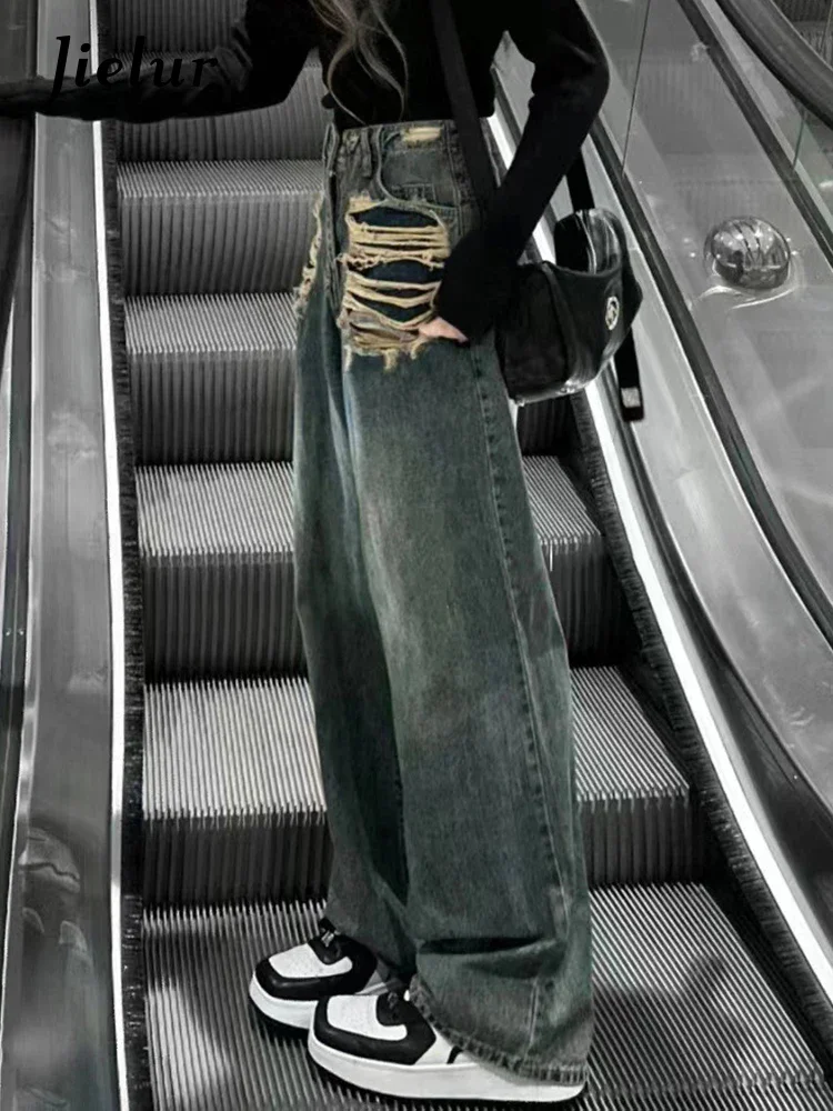 

Jielur Irregular Holes Summer Female Jeans New Vintage High Waist Slim Full Length Loose Streetwear American Style Women's Jeans