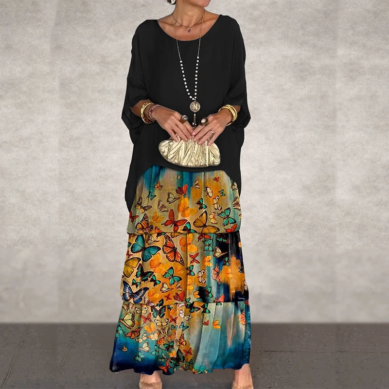 

Elegant O-neck Half Sleeve Tops & Long Skirts Sets Women Casual Loose Chiffon 2Pc Suits Fashion Pattern Print Cake Skirt Outfits