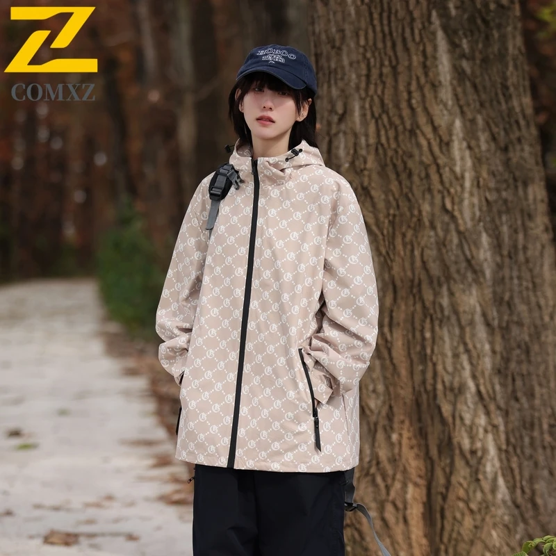 EiAO Jacket Couple's Graphic Print Hoodie Waterproof Windproof Streetwear Coat Oversized Outdoor for Hiking Camping Fishing 2025