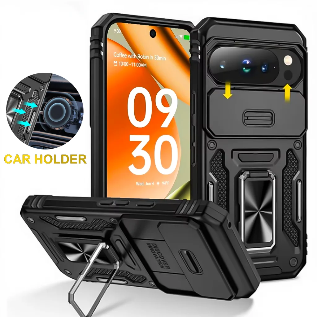 Enhanced Magnetic Ring Holder Armor Phone Case with Slide Camera Protector