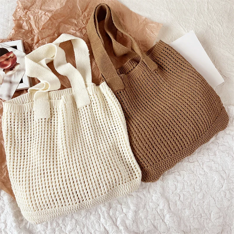 Retro Women's Knitted Shoulder Bag Large Capacity Woven Crochet Handbag Hollow Shopper Bag for Girls