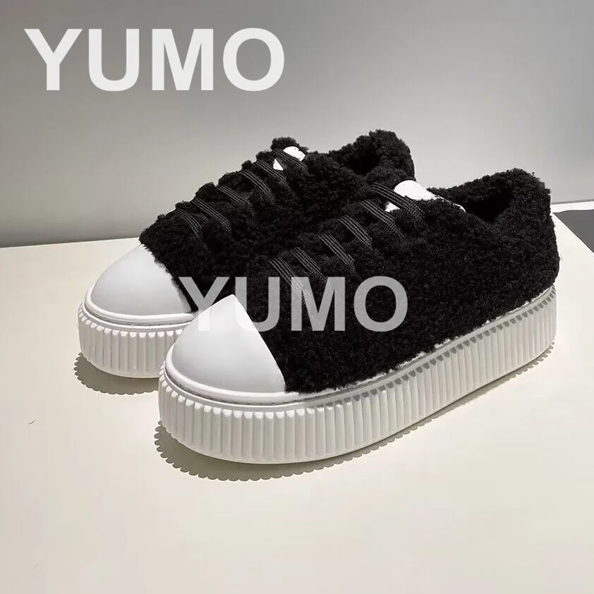 

Vulcanize PlatformSneakers Women Winter Fur Shoes Flat 2023 New Black Sneakers Fur Warm Cotton Shoes for Women Casual Shoes