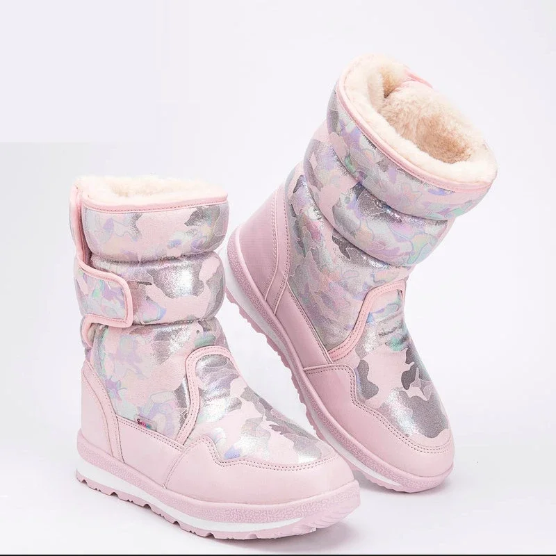 Camouflage Army Green Winter Warm Plush Children\'s Snow Boots Non-slip Waterproof Ski Girls\' Long Boots Family Matching Shoes