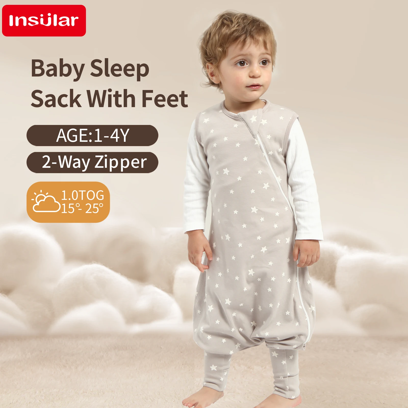 Saco de dormir macio para bebês, saco de dormir infantil sem mangas com pés, roupa de casa infantil, algodão premium, zíper bidirecional, 4 estações