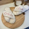 Custom Bridesmaid Fluffy Cross Plush Open Toe Cozy Slippers Maid of Honor Gift Bridal Shower Wedding Bachelorette Party Slippers 2