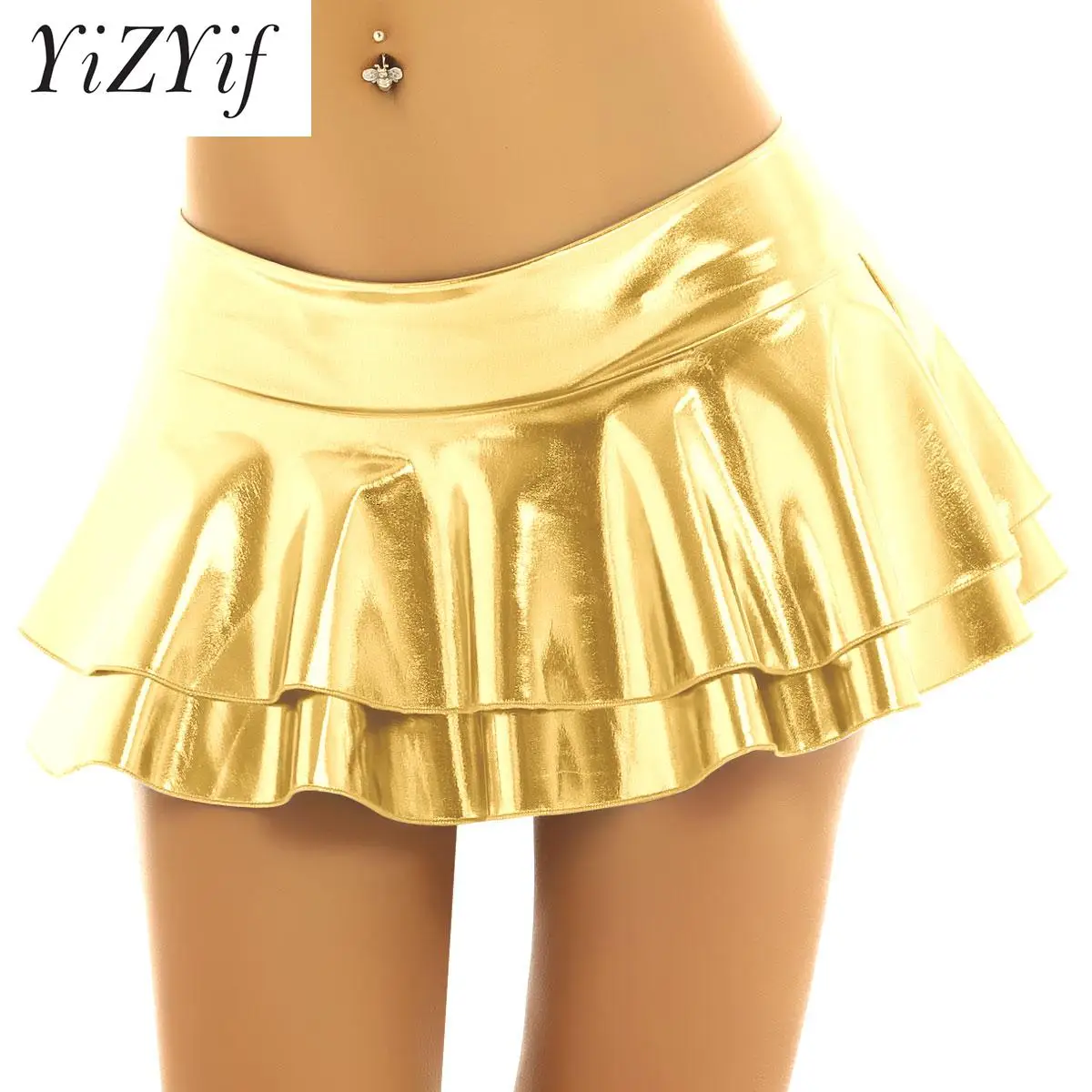 

Women Metallic Bronzing Cloth Low Rise Miniskirt Double Layered Ruffled Pleated Skirts Skort Rave Party Pole Dance Bar Clubwear